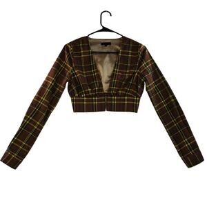 Hours Vintage Style Y2K Cropped Plaid Zip-Up V Neck Jacket Women's Size XS